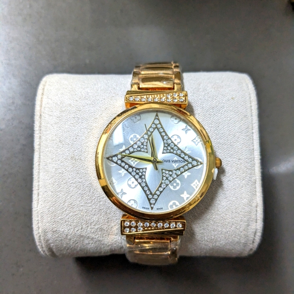 Louis Vuitton Gold-tone Crystal Monogram Women's Watch with White Dial
